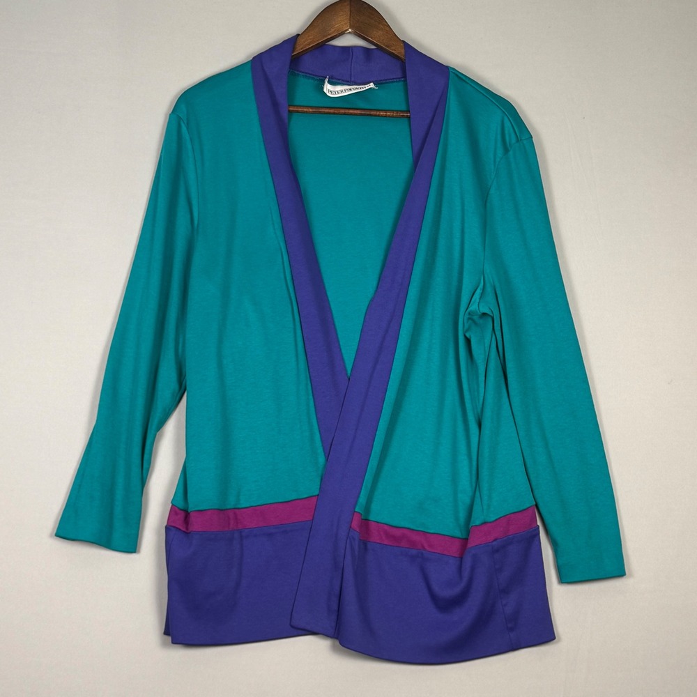 Peter Popovitch Cardigan Women L Teal Purple Colorblock Vintage 80s 90s